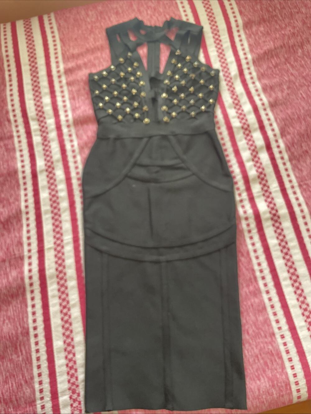 boohoo premium Black Halter Bodycon Midi Stretch Size 10 Gold Studs Peek a Boo